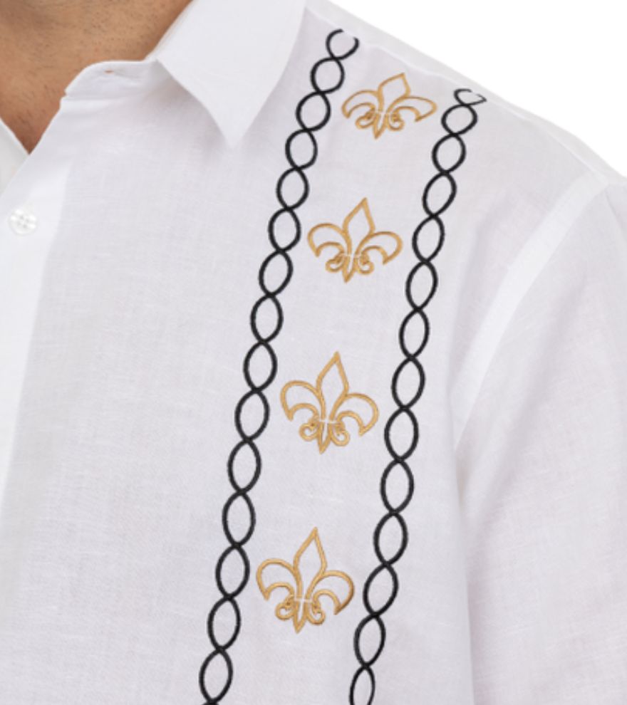 Black and Gold Cotton/Linen Fleur De Lis Camp Shirt