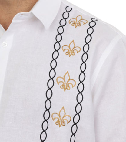 Black and Gold Cotton/Linen Fleur De Lis Camp Shirt