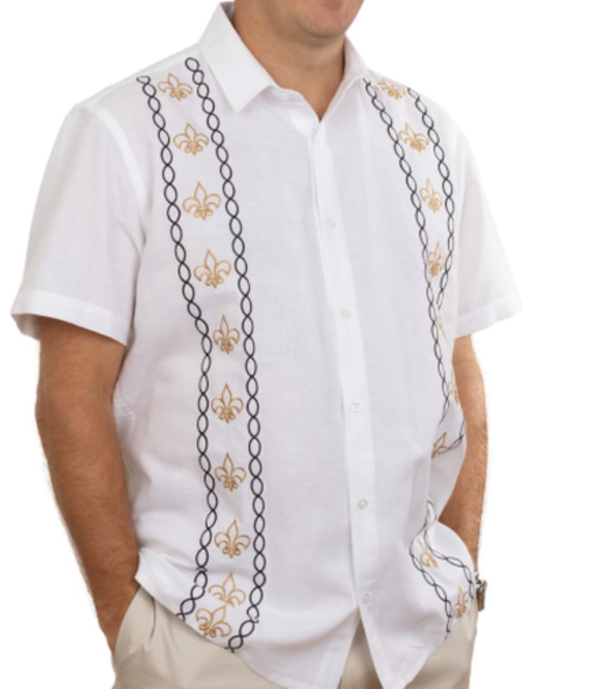Black and Gold Cotton/Linen Fleur De Lis Camp Shirt