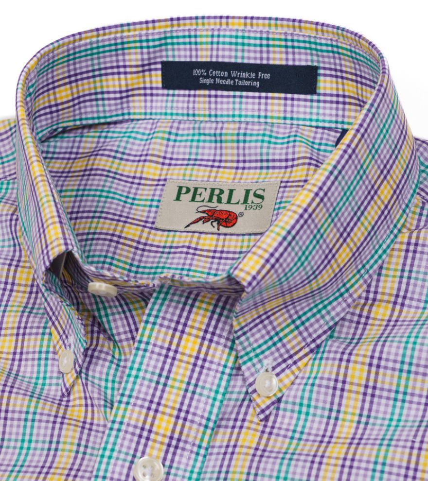 Crawfish Mardi Gras Mini Check Wrinkle Free Sport Shirt