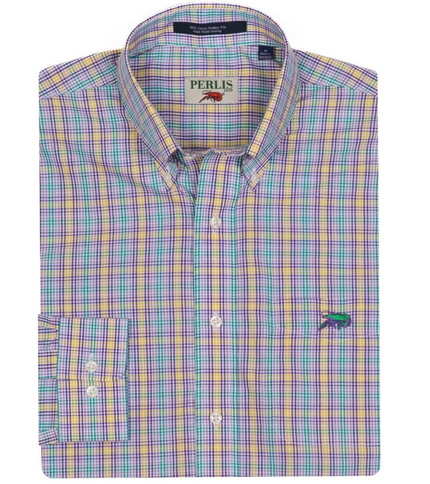 Crawfish Mardi Gras Mini Check Wrinkle Free Sport Shirt