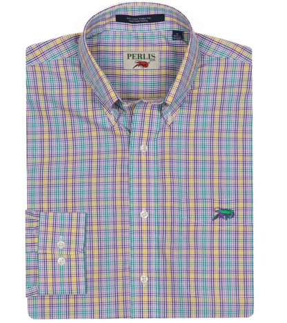 Crawfish Mardi Gras Mini Check Wrinkle Free Sport Shirt
